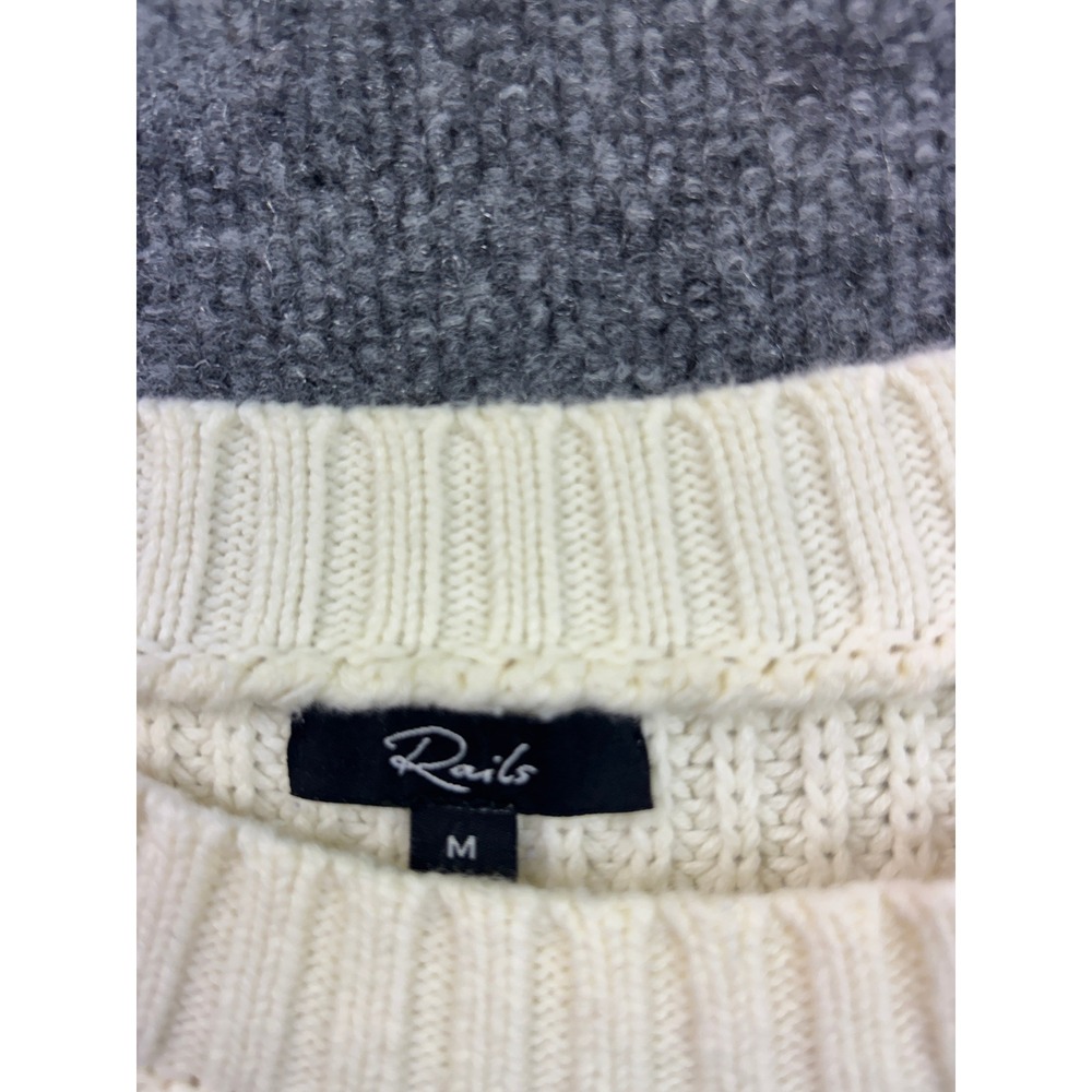 Rails Bambi Mixed Media Sweater Womens Medium Ivory Navy Stripe Puff Sleeve - Picture 2 of 7